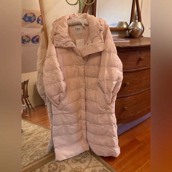 COS FLWRDWN eco puffer long down coat pink hood maxi midi trench Med Large - Picture 8 of 16